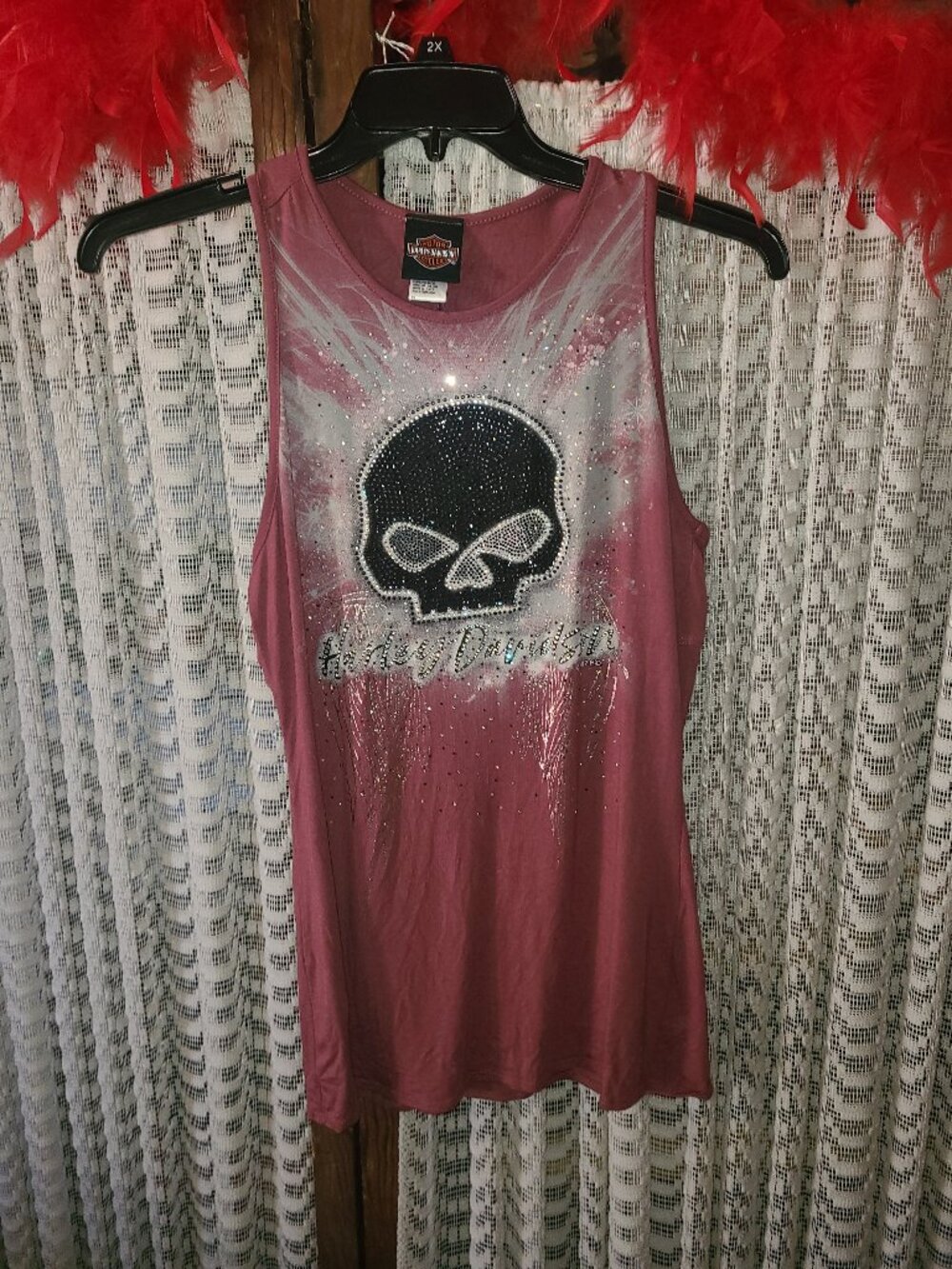 Harley Davidson Willie G Skull Bling Rhinestone Racer Tank Top M Angel Wings